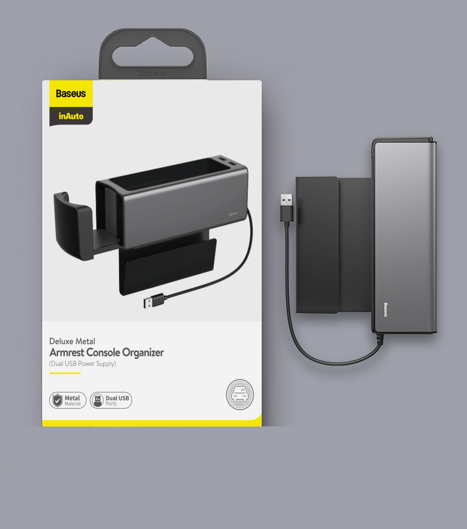 Ngăn chứa đồ tiện dụng tích hợp Dock sạc USB dùng trên xe hơi Baseus Deluxe Metal Armrest Console Organizer
