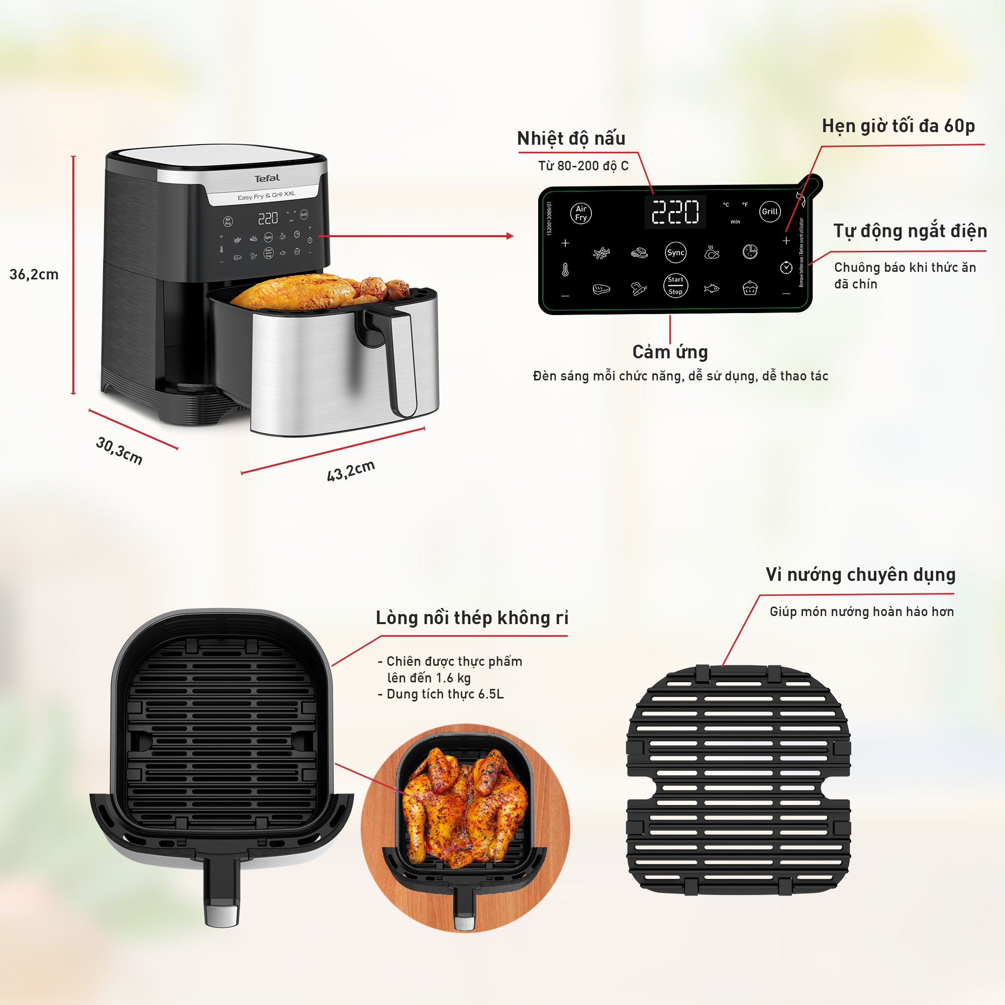 Nồi chiên không dầu Tefal 2in1 Easy Fry & Grill 6.5L XXL EY801D15 - Hàng chính hãng