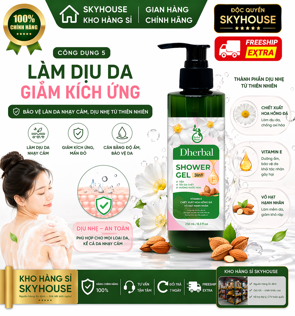 Sữa tắm trắng da 3in1 thiên nhiên độc quyền DHERBAL chai 250ml sữa tắm dưỡng ẩm thơm lâu chính hãng