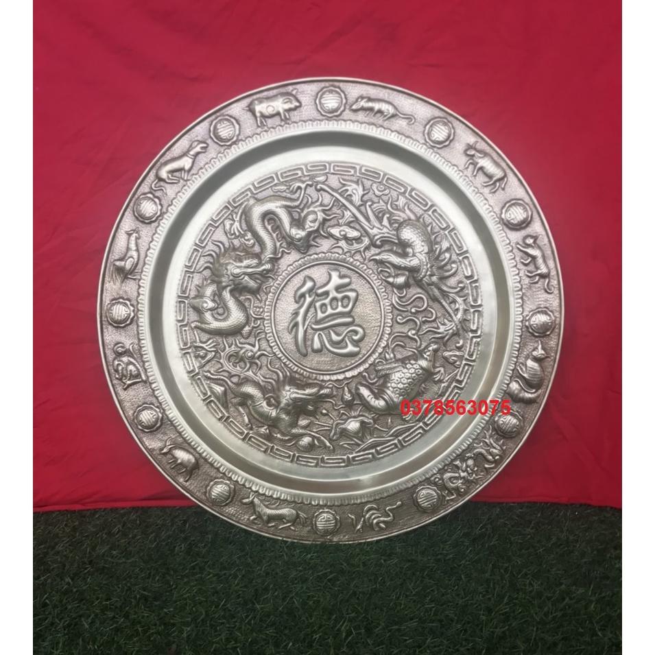 Mâm đồng chữ đức hán màu giả cổ hoạ tiết tứ linh 52cm