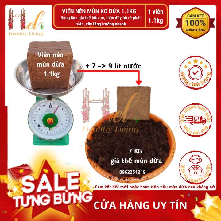 Xơ dừa nén mùn dừa nén 1.1 kg nở 5 lần trộn đất sạch + phân bón làm giá thể hữu cơ trồng rau sạch, hoa hồng, cây cảnh