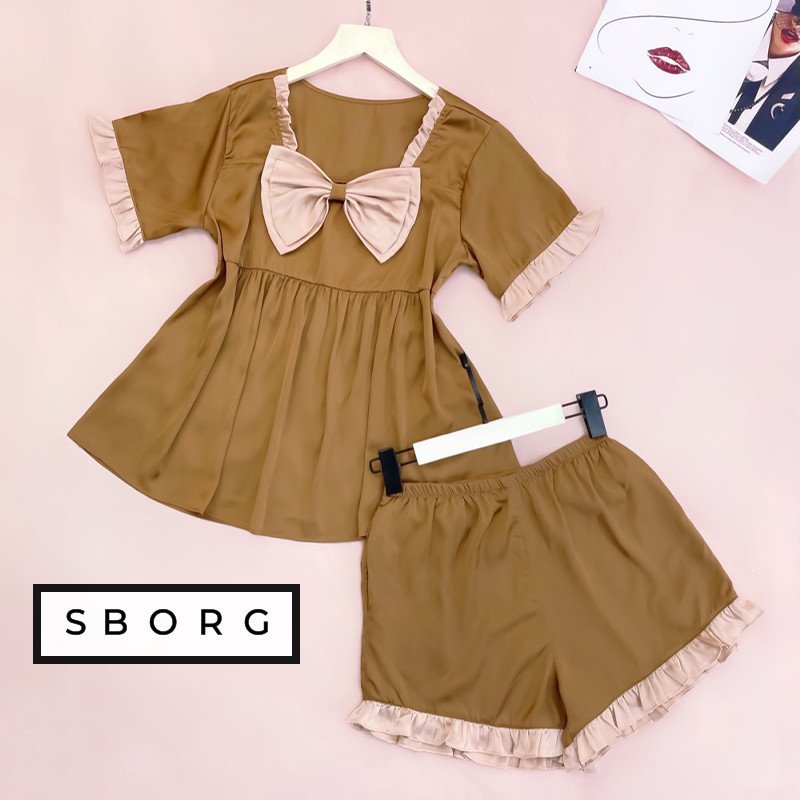Bộ đồ ngủ mặc nhà SBORG bộ đồ lụa latin cao cấp áo babydoll đính nơ cute quần đùi viền bèo đáng yêu freesize dưới 60kg quà tặng vợ, thoải mái khi mặc ở nhà hoặc đi ra ngoài