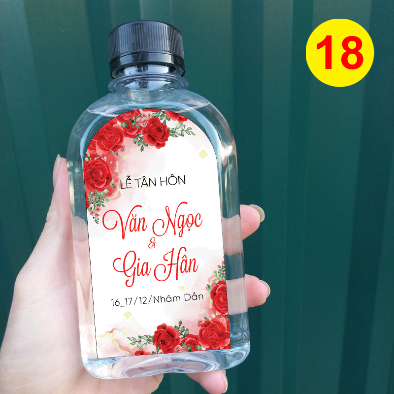 Decal nhãn dán chai nước đám cưới - chai dẹp MS 18