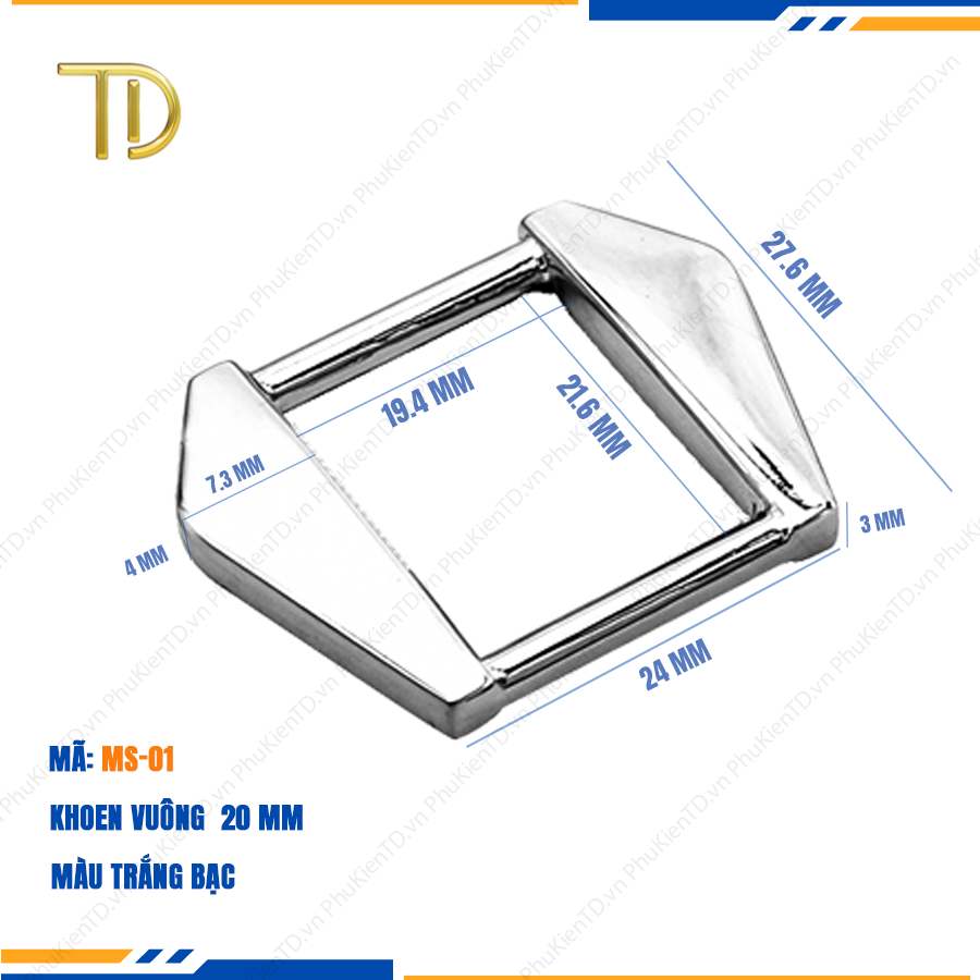 Khoen quai túi xách 20mm, Khoen d túi xách, Khoen vuông gắn túi xách mạ điện độ bền 5-8 năm