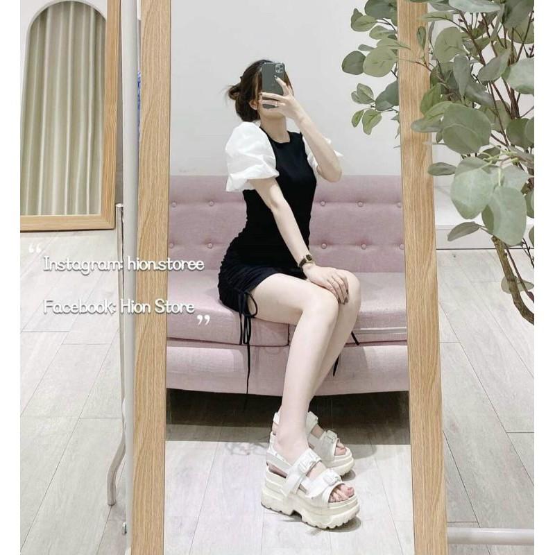 Đầm tay phồng rút dây phối voan cao cấp