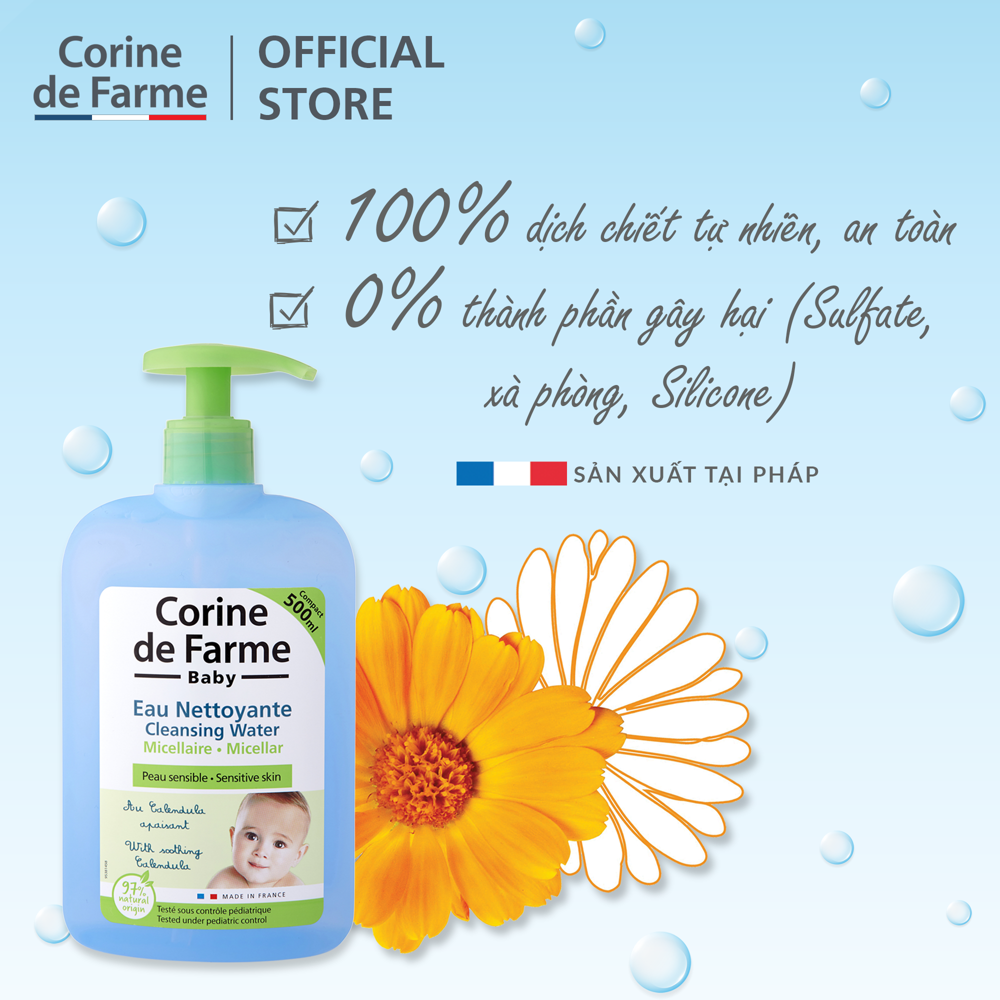 Nước Mi-xel vệ sinh cho bé Eau Nettoyante Micellaire Corine de Farme 500ml