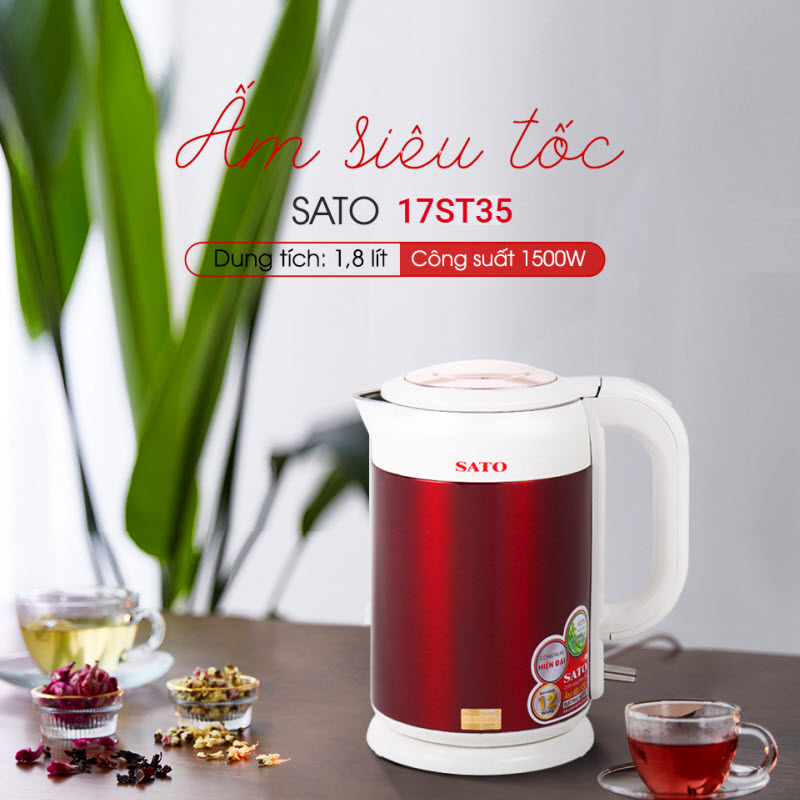 Ấm Siêu Tốc SATO 17ST35 1.8L - Dung tích 1.8L, đế xoay 360 độ tiện dụng - Miễn phí vận chuyển toàn quốc - Hàng chính hãng