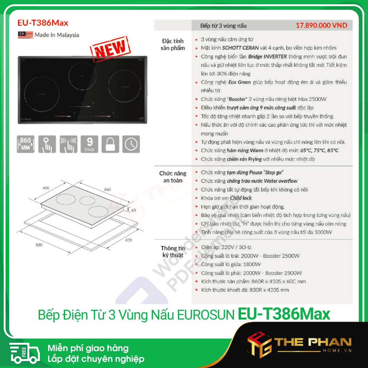 Bếp Từ Âm 3 Vùng Nấu EUROSUN - Malaysia, Mặt kính SCHOTT CERAN, Đầy đủ model (EU-T386Max, EU-T318, EU-TE388Max, EU-TE316) - Hàng Chính Hãng