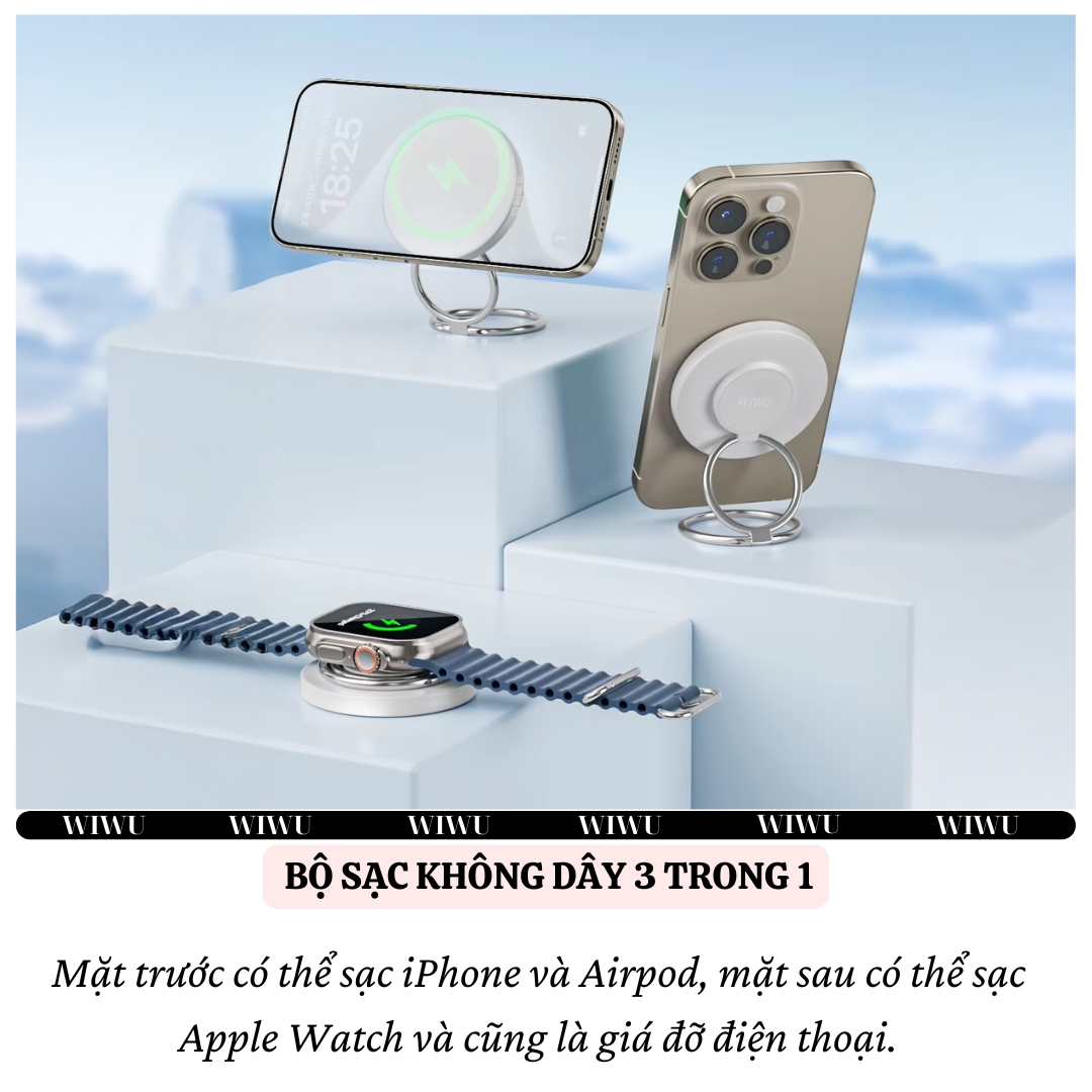 Dock Đế sạc nhanh không dây sạc pin đa năng 3in1 15W từ tính Ring giá đỡ móc tay cho iPhone / điện thoại / watch / cho tai nghe cho airpods hiệu WIWU Wi-W027 chuẩn Qi fast charging iP 16 15 14 13 12 Pro Max - hàng nhập khẩu