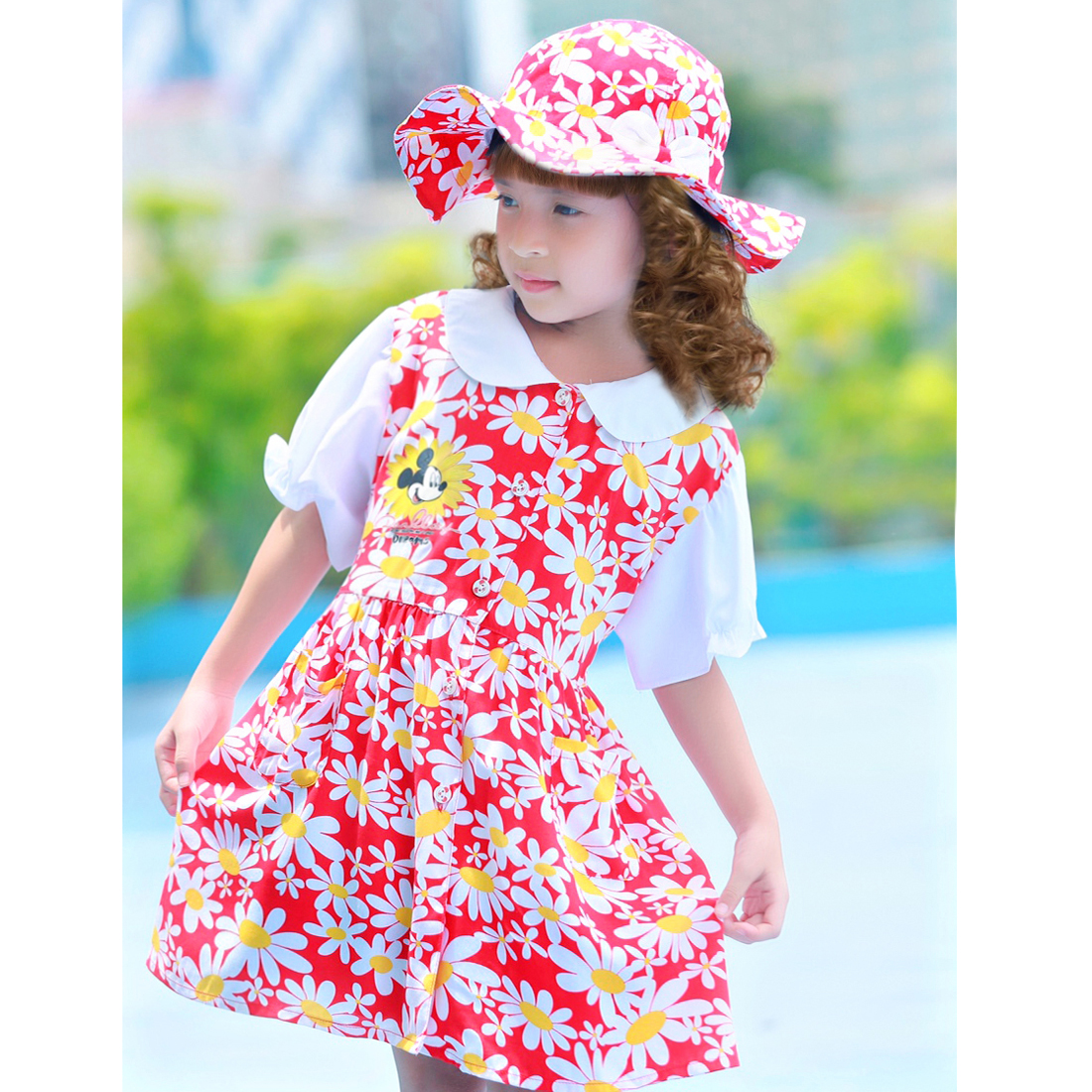 Bộ váy kèm mũ trẻ em hoa cúc màu đỏ EK-07