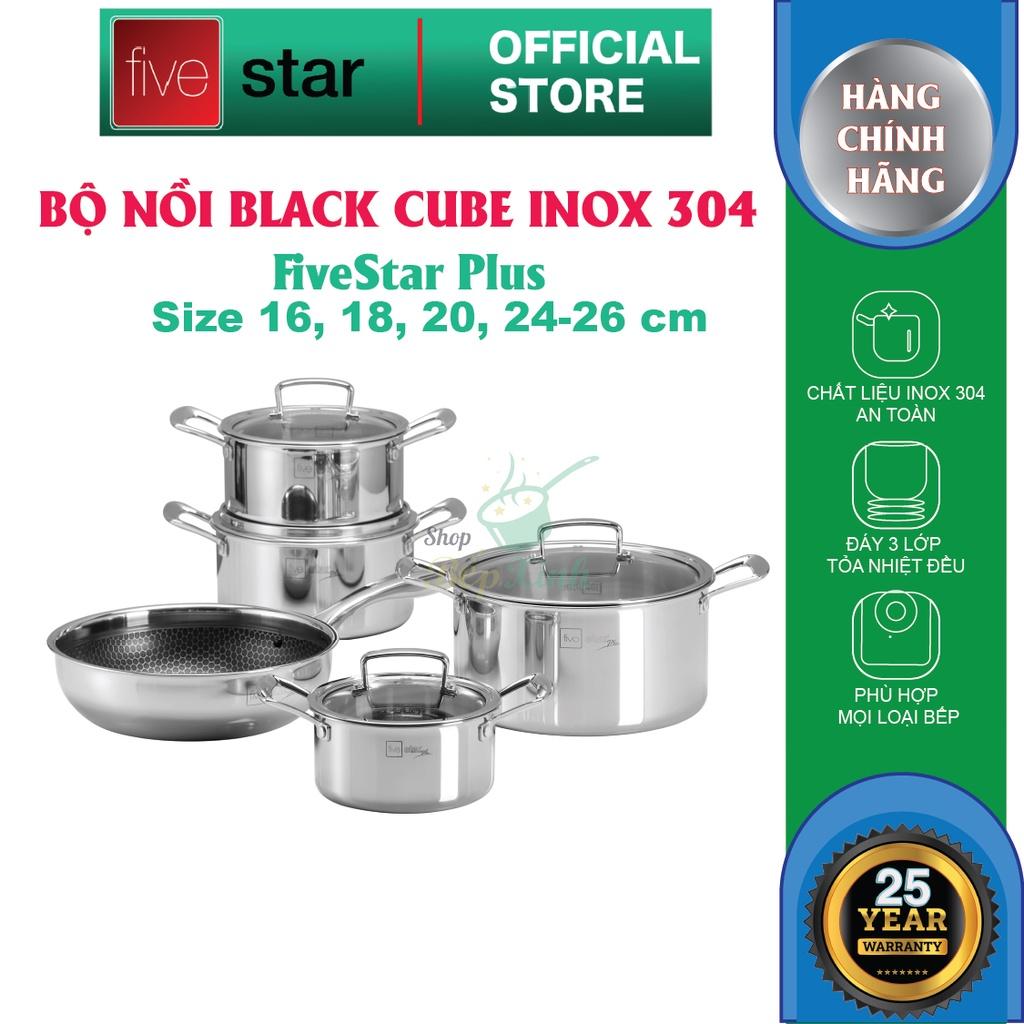 Bộ nồi chống dính 3 lớp đáy liền inox 304 BlackCube Fivestar Plus nắp kính công nghệ chống trầy xước , dùng được mọi bếp