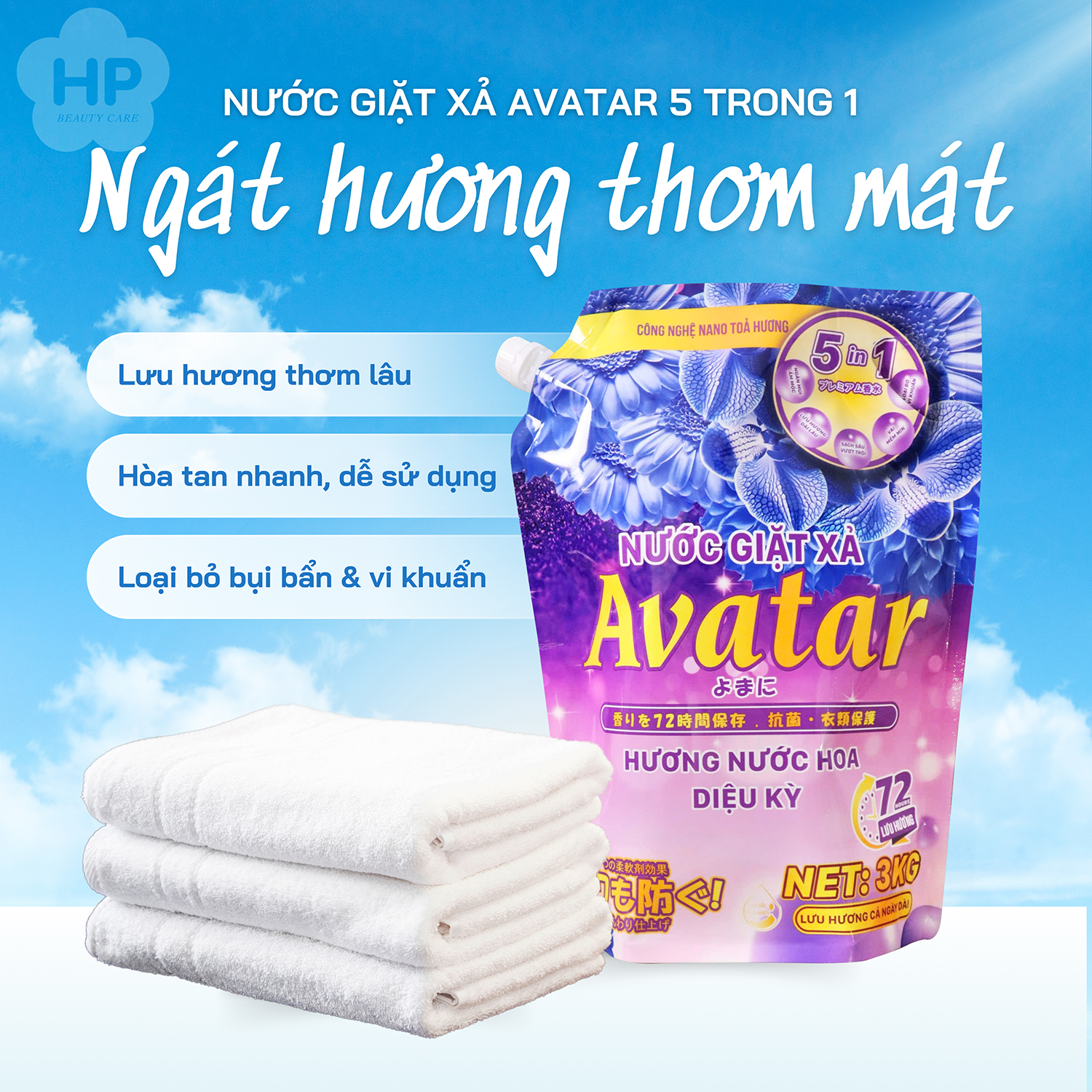 Nước Giặt Xả Avatar 5 Trong 1 Hương Nước Hoa Lưu Hương 72h (Túi 3kg)