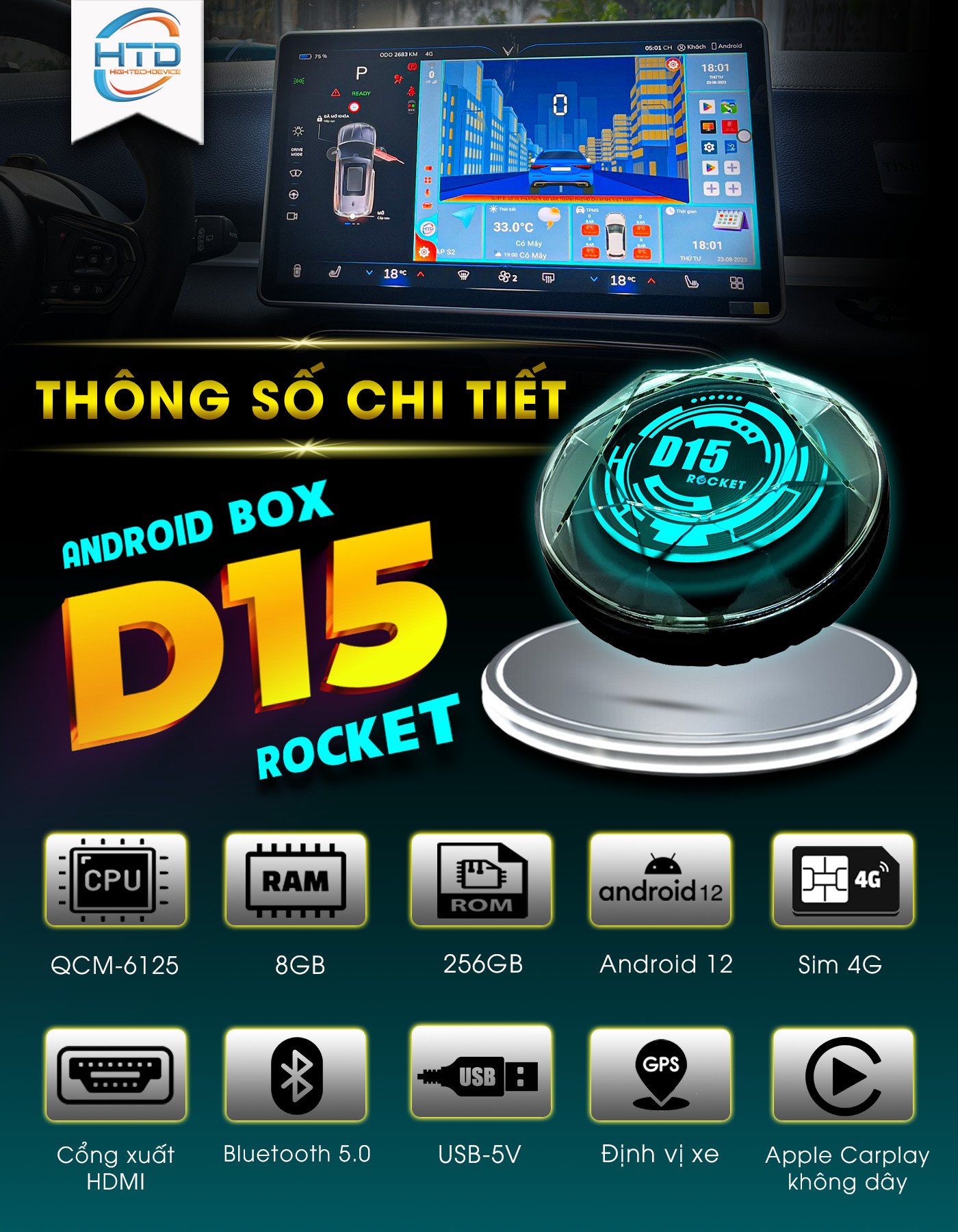 Siêu phẩm  D15 Rocket chuyển đổi màn hình Android ô tô - Cấu hình khủng RAM 8GB/ RAM 265GB/ QCM-6125