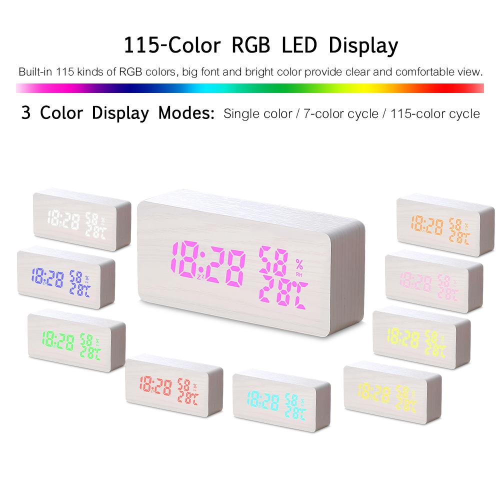 Đồng hồ để bàn kỹ thuật số LED 115 màu bằng gỗ với 3 chế độ hiển thị, cổng sạc USB