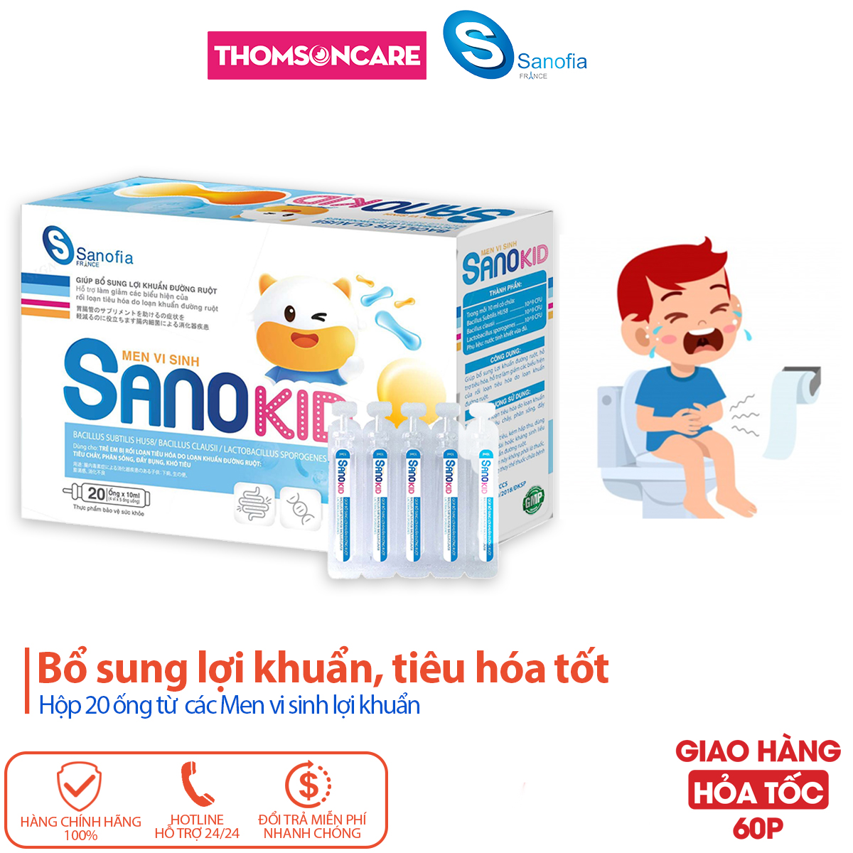 Men vi sinh Sanokid - Bổ sung lợi khuẩn đường ruột, ngăn ngừa tình trạng tiêu chảy, phân sống - Hộp 20 ống x 10ml Thomsoncare