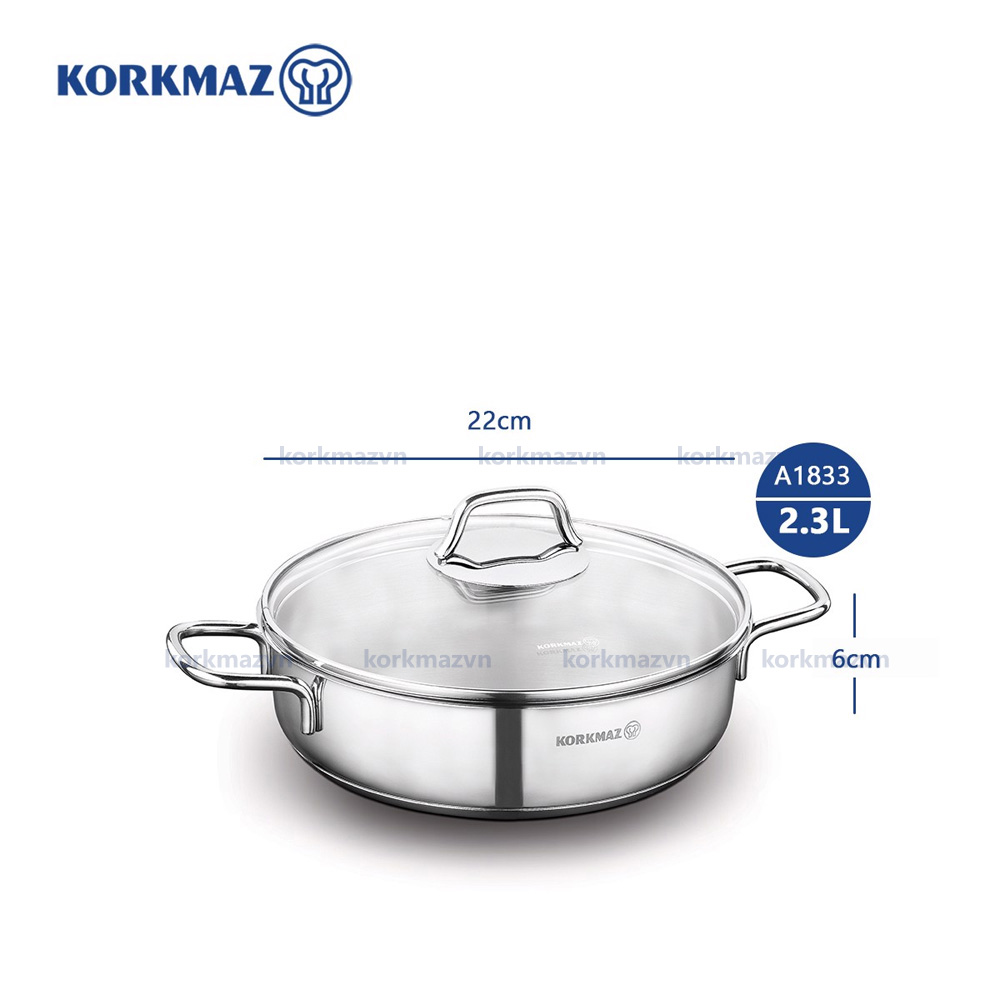 Nồi inox 18/10 thân thấp Korkmaz Perla 2.3 lít - 22x6 cm