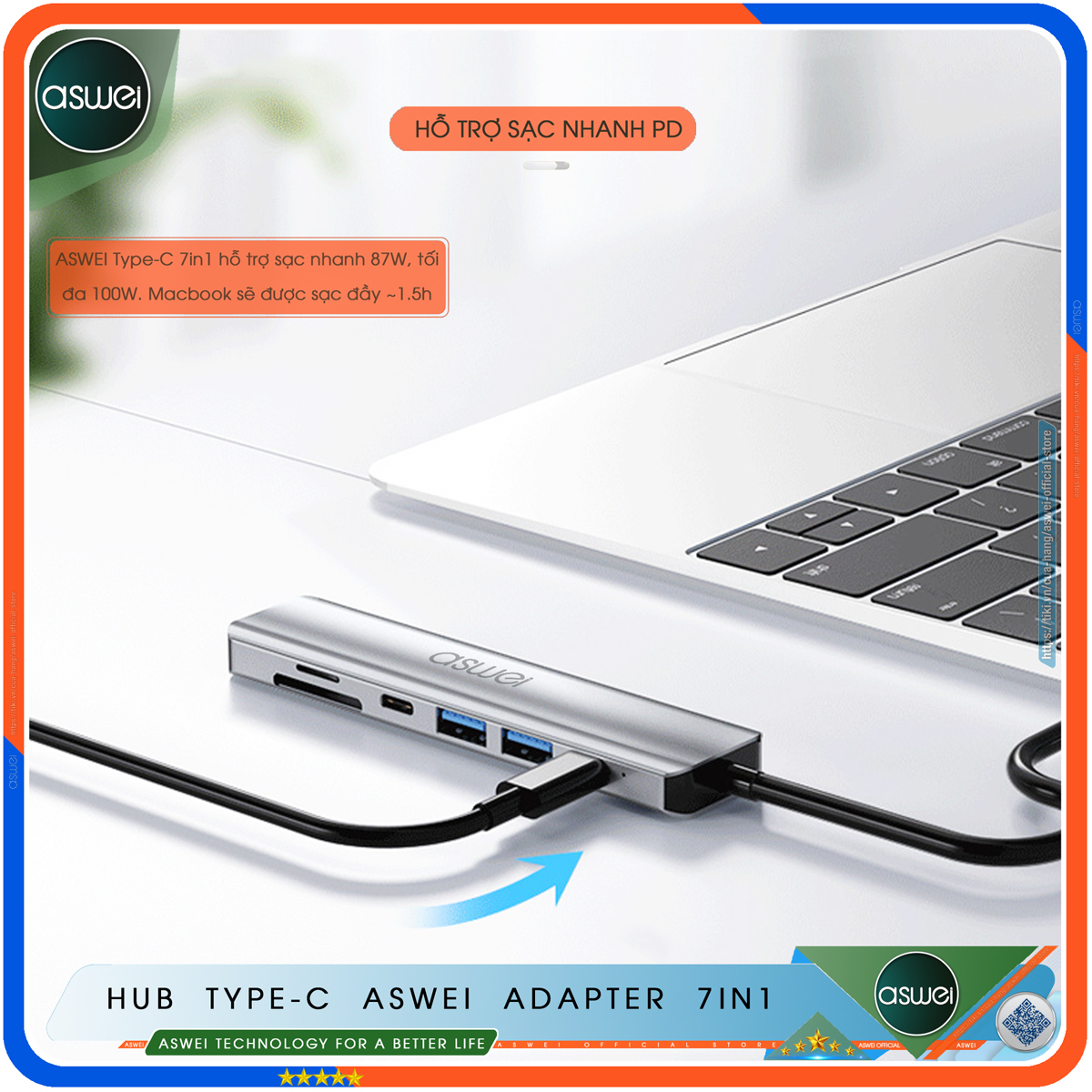 Hub Type C ASWEI 7 in 1 To HDMI, USB 3.0, SD, TF, USB C, PD - Cổng Chia USB, Ổ Chia USB Tốc Độ Cao - Hub Chuyển Đổi USB Type C 7 Cổng Dành Cho Macbook, Laptop, PC, Máy Tính Bảng, Điện Thoại - Hàng Chính Hãng
