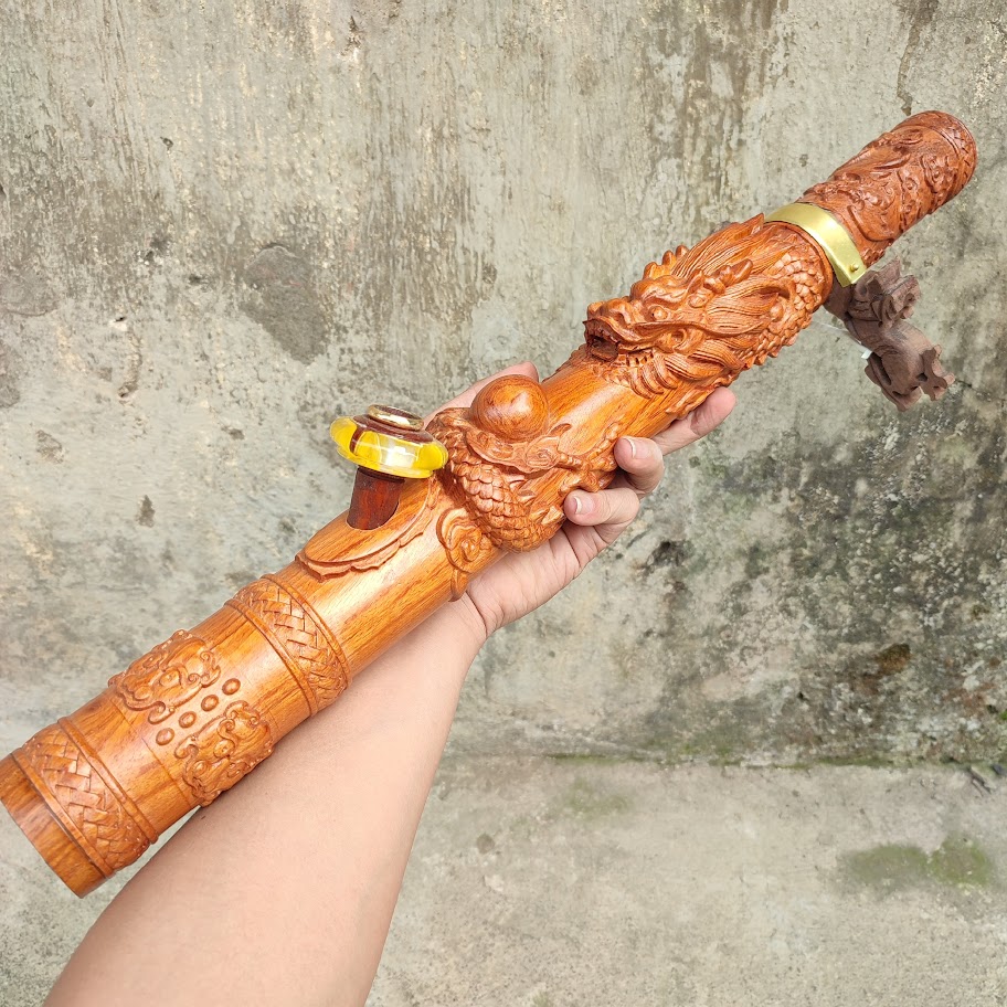 Điếu Cày gỗ hương dài nguyên khối đục rồng dài 60cm