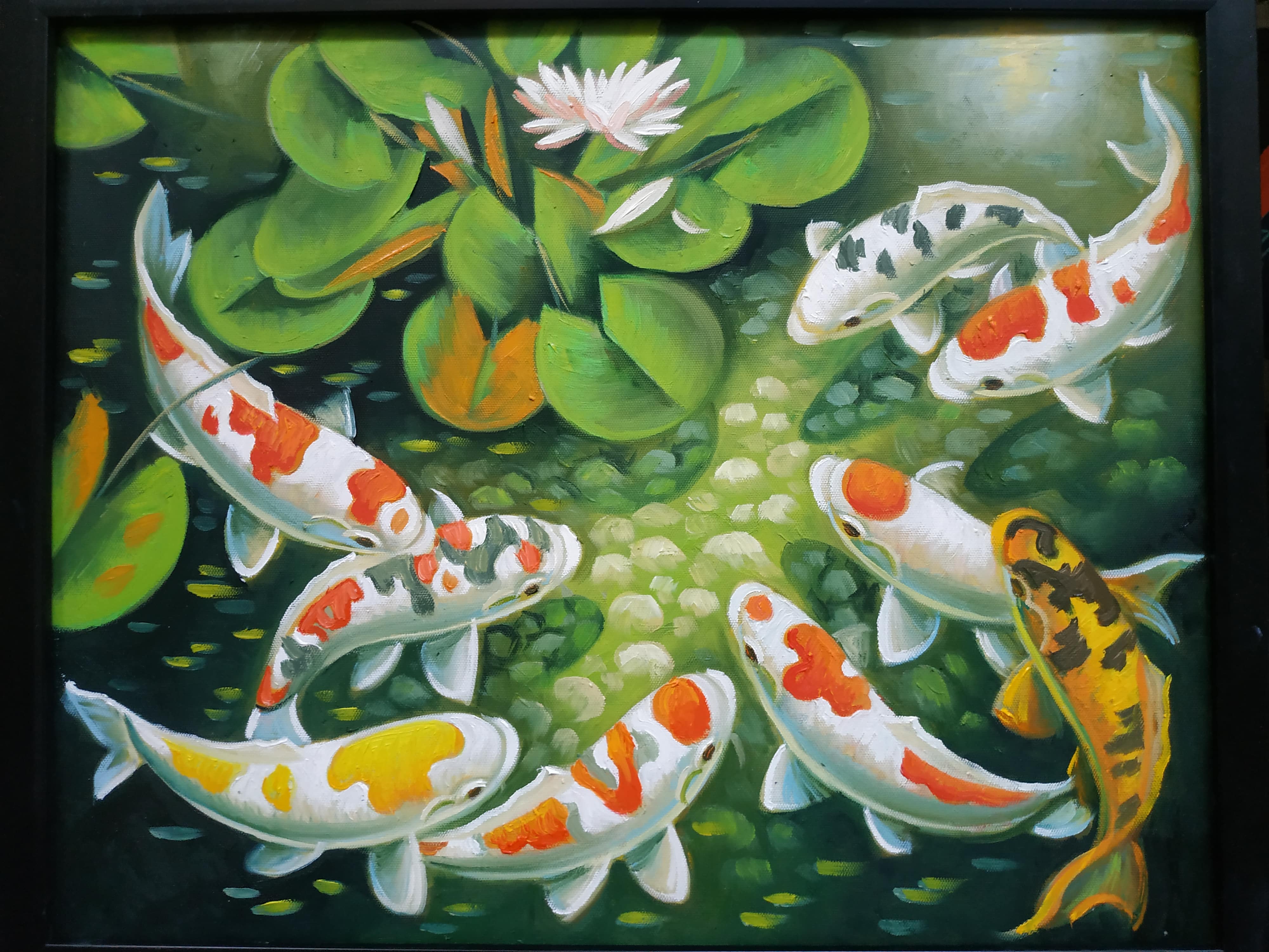 Tranh Phong Thủy - Cửu Ngư Quần Hội - Sơn Dầu Vẽ Tay 40x50cm