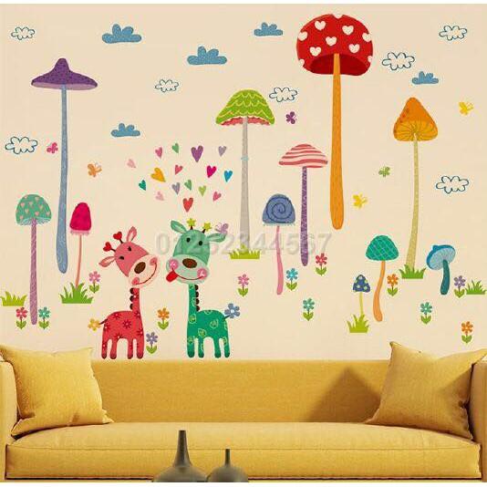Decal dán tường Combo 2 tranh khỉ đu cây + nấm và hươu