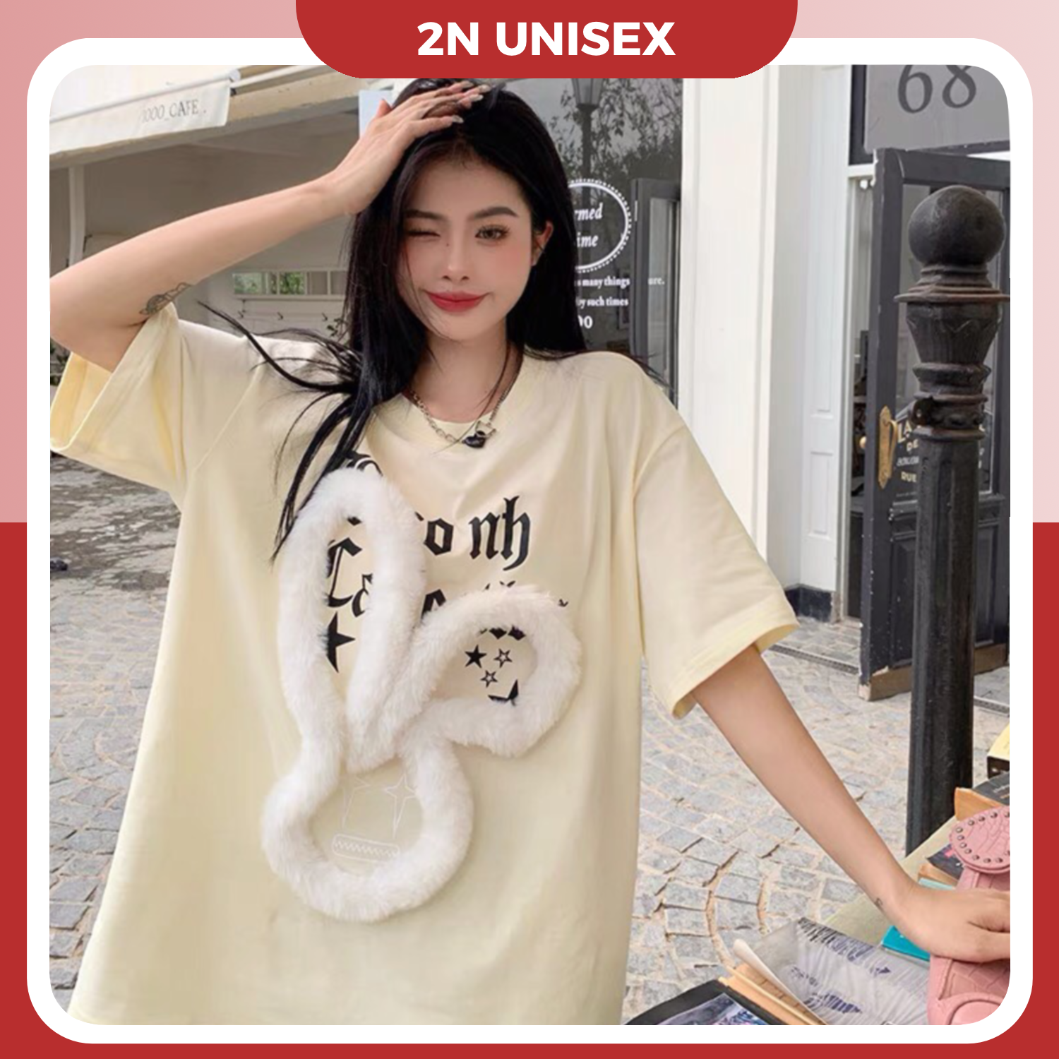 Áo phông nam nữ form rộng 2N Unisex thun cotton in hình thỏ thêu lông màu hồng/đen/be