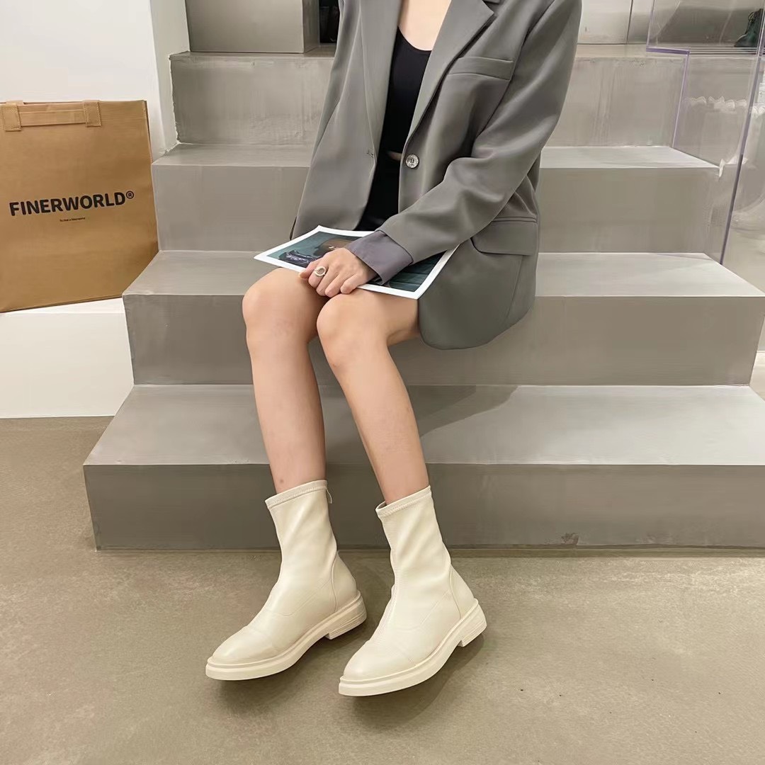 ỚI VỀ CÓ SẴN - ẢNH THẬT Giày bốt nữ cổ ôm mũi tròn đế 3cm da mềm màu đen trắng nâu khóa sau cao cấp