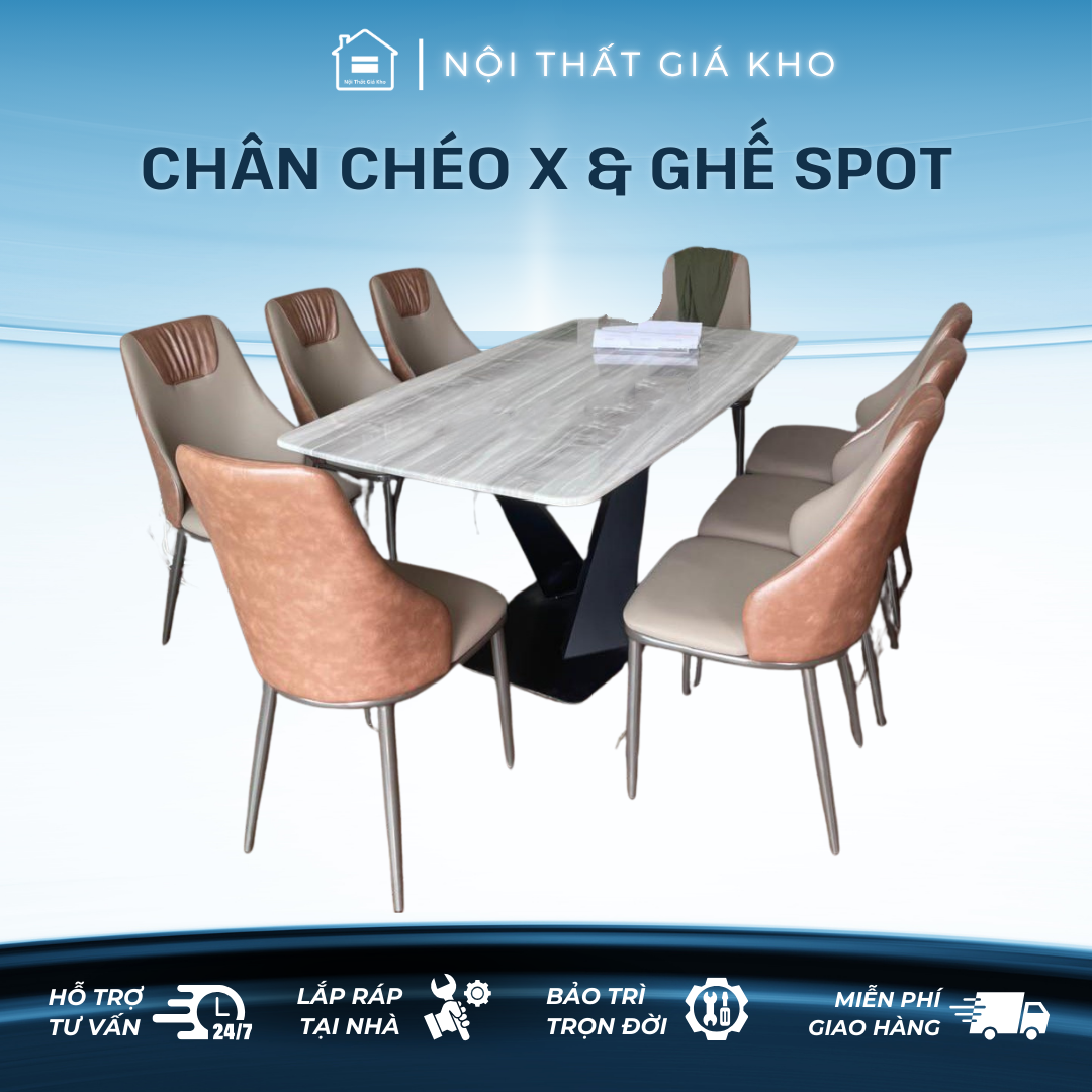 Bàn ăn mặt đá cẩm thạch nhân tạo loang nâu, đen mây, trắng vân mây chân chéo chữ x kết hợp ghế spot