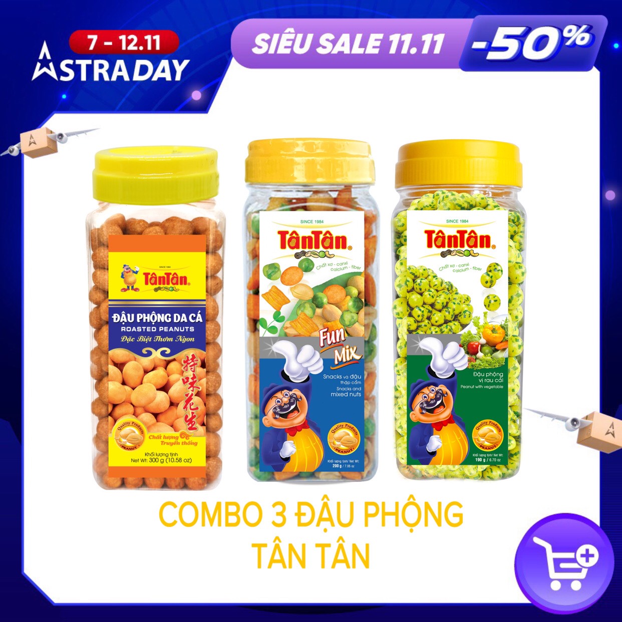 COMBO 3 HŨ ĐẬU PHỘNG TÂN TÂN: ĐP DA CÁ, SNACK VÀ ĐẬU THẬP CẨM, ĐP VỊ RAU CẢI