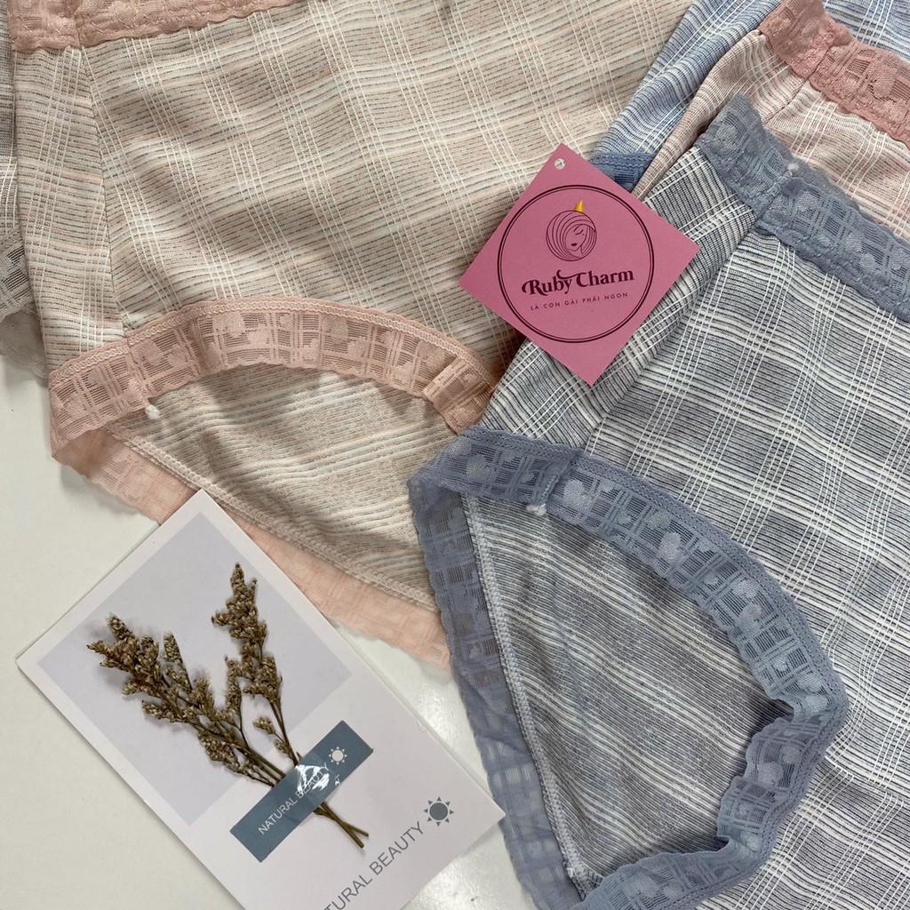 Quần lót cotton co giãn viền ren kẻ ngang đính nơ mềm mịn thoáng mát