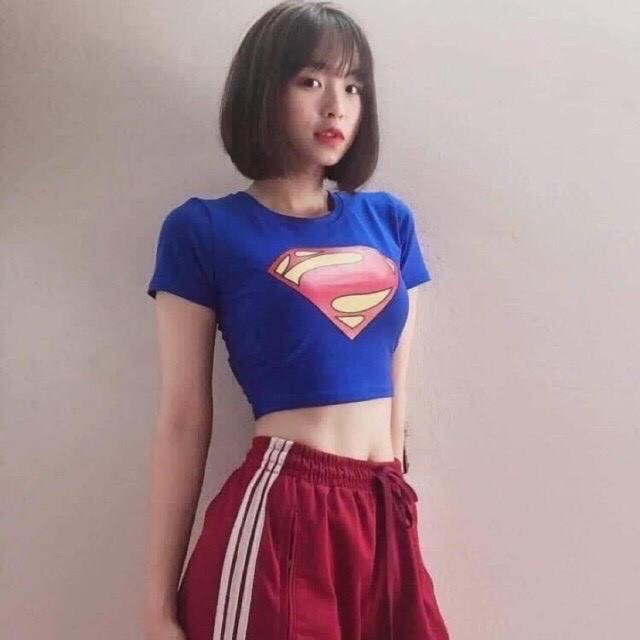 Áo croptop nữ tay ngắn ôm body in hình chữ SUPERMAN cực cá tính 3 màu ĐEN, XANH TRẮNG (ảnh thật