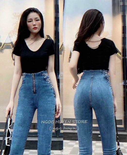 Quần jeans ôm cạp cao phối xích sexy