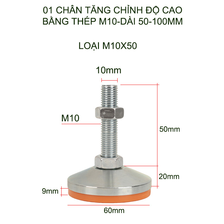 01 Chân tăng chỉnh độ cao bằng sắt có đế cao su, trục M10, dài 50-100mm tùy chọn