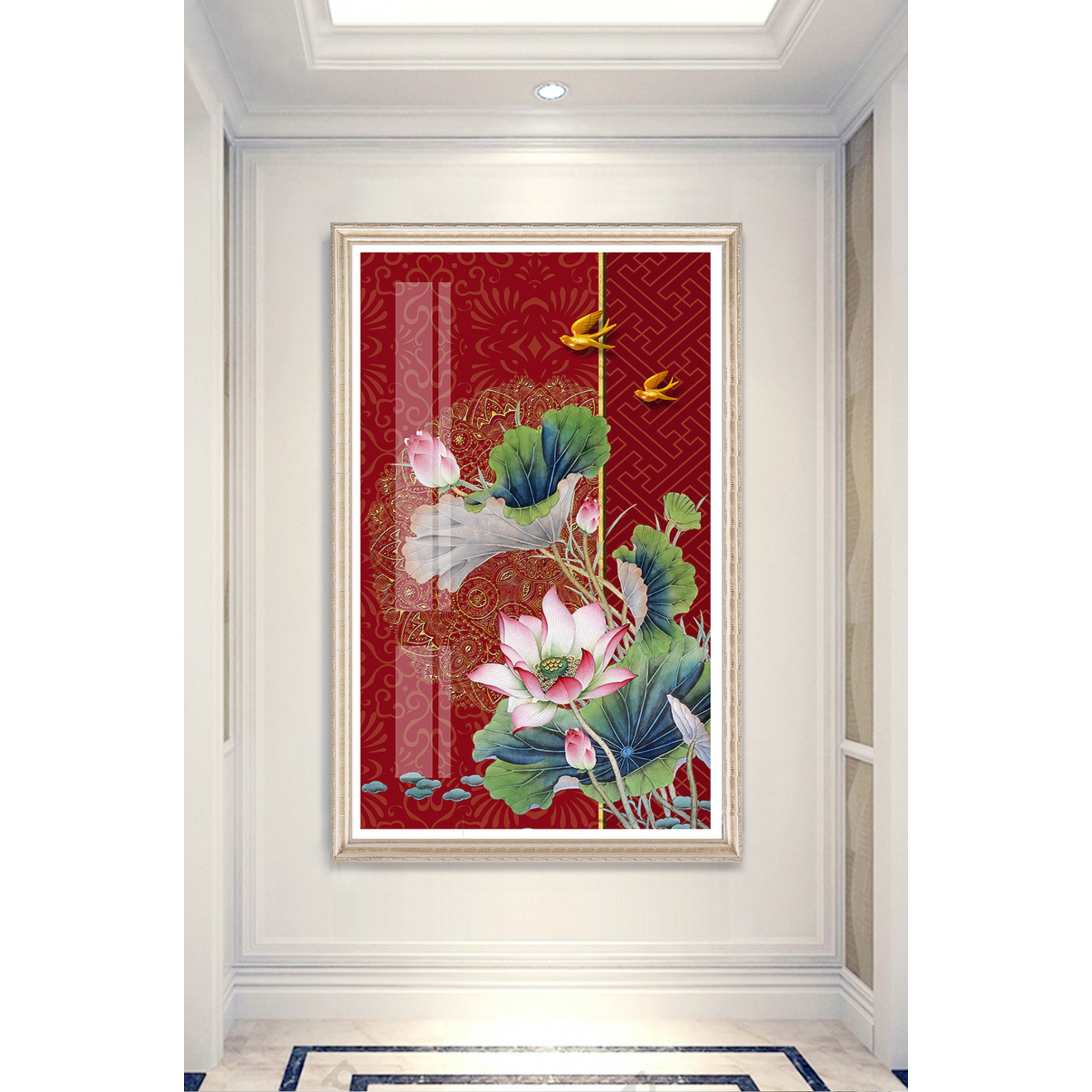 Tranh dán tường , DECAN DÁN TƯỜNG, TRANG TRÍ NHÀ 3D PHONG VẠN PHÁT LỌ HOA SEN THỊNH VƯỢNG,MAY MẮN,PHÁT TÀI PHÁT LỘC DC-0289