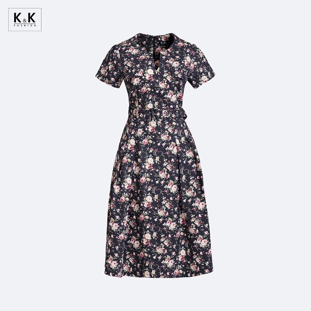 Đầm Xòe Họa Tiết Hoa Cổ Xẻ V K&amp;K Fashion KK130-37 Chất Liệu Kaki Thun
