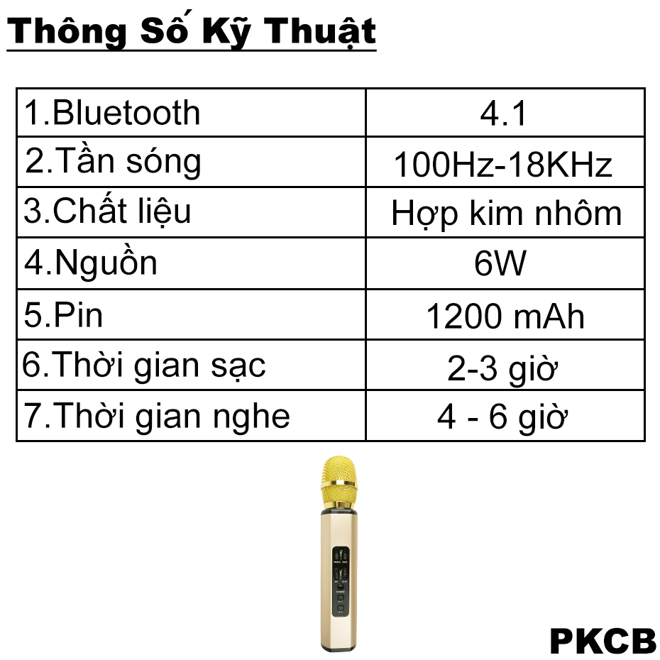 Micro Karaoke Bluetooth cao cấp âm thanh chuẩn HD Bass Treb sống động PKCB14 GOLD - Hàng Chính Hãng