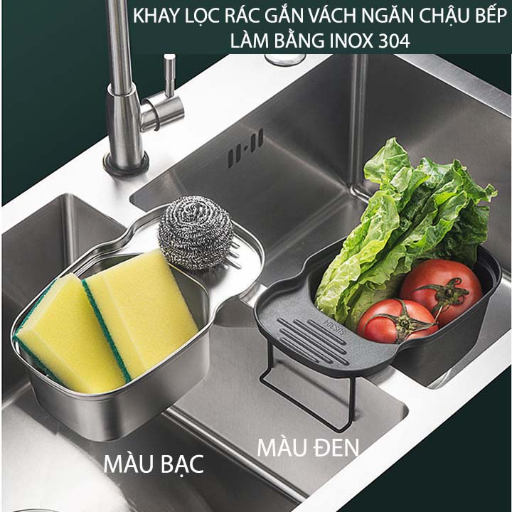 Khay lọc rác thông minh, để đồ củ quả ráo nước, gác vách ngăn chậu rửa bát đôi, làm bằng inox 304 (I304P3)