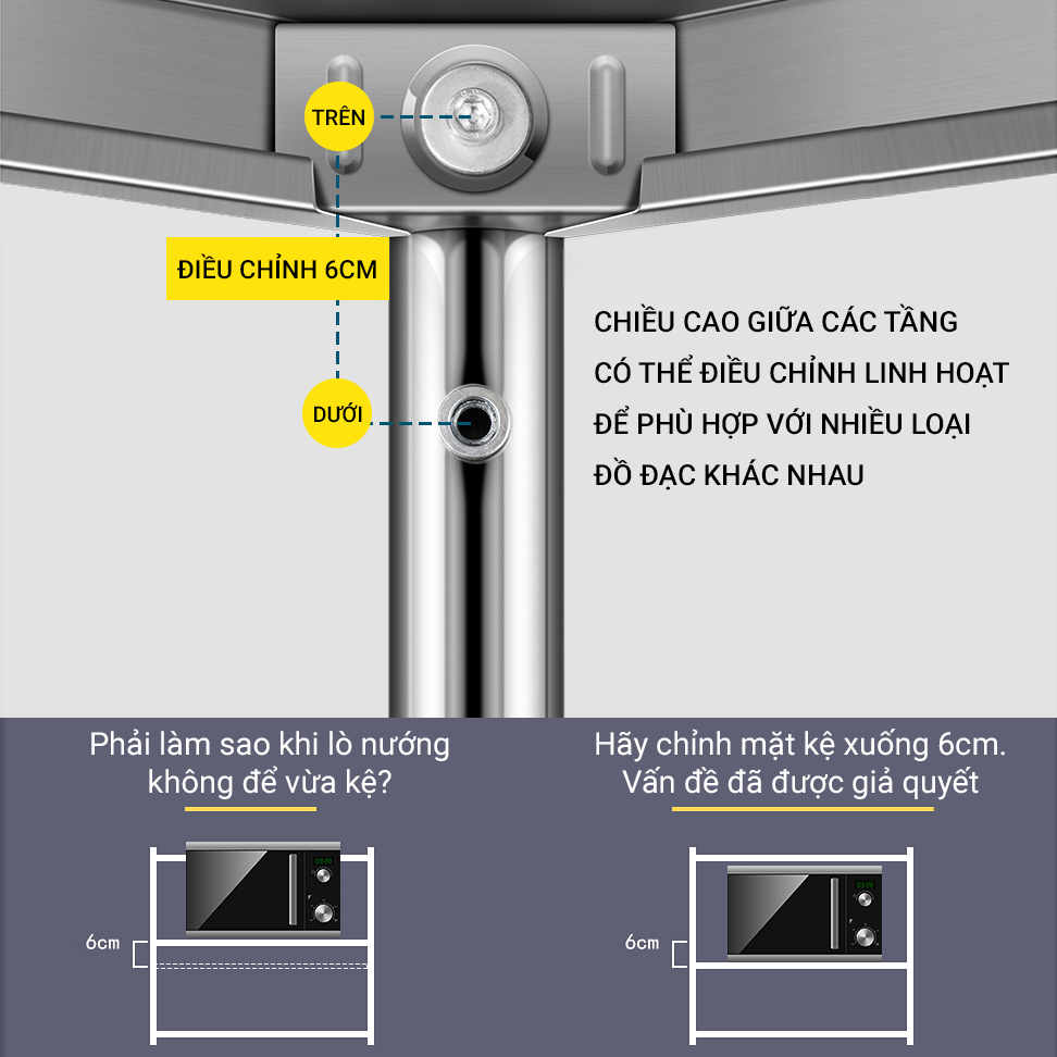 Kệ đa năng để lò sóng Inox 304 trắng chống han gỉ, kệ để đồ nặng nhà bếp cao cấp VANDO kệ tủ tiện lợi