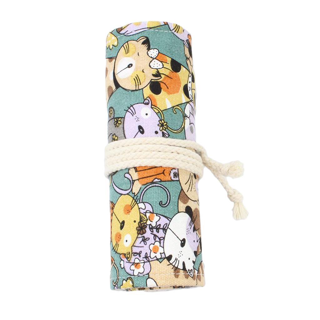 Canvas Pencil Wrap Roll up Case Hold for 36 Colored Pencils, Travel Carrying Organizer Holder,Great for Kids Adult - Cat Patterns