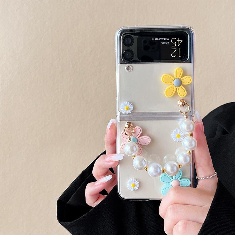 Ốp Lưng Cho Samsung Z Flip 5 / Z Flip 4 / Z Flip 3 Trong Suốt Hoa Nổi Xinh Xắn Kèm Dây Ngọc Trai Xỏ Tay