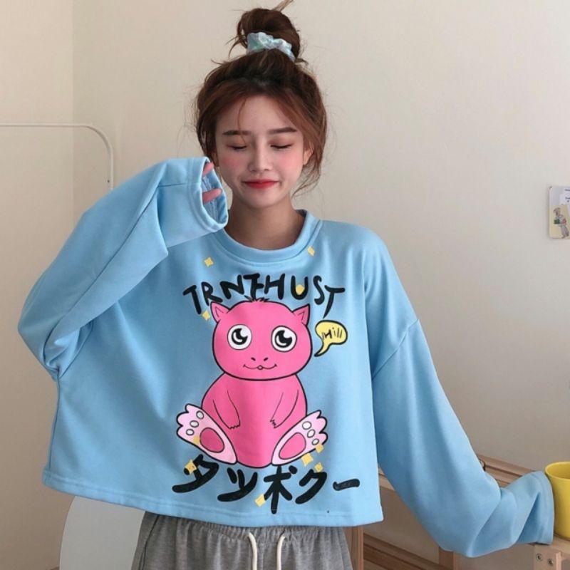 Áo croptop tay dài cotton hở eo 2 màu yêu tinh