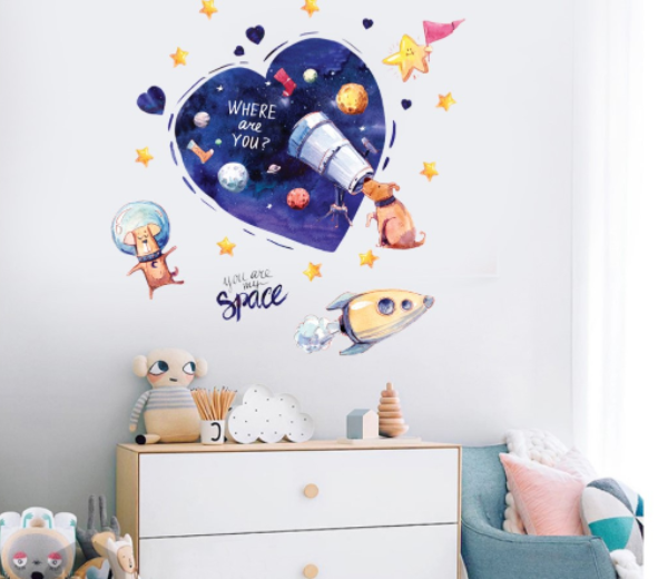 Decal trang trí tường - Khám phá vũ trụ cùng những chú cún
