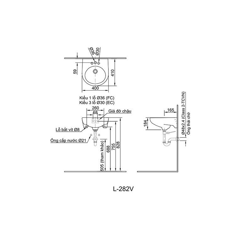 Chậu rửa treo tường INAX L-282VEC . Chất liệu sứ cao cấp, có phủ men bóng hạn chế vi khuẩn - Vật liệu xây dựng Big H