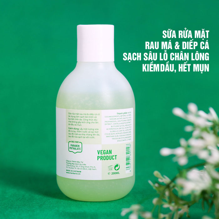 Sữa rửa mặt rau má và diếp cá Herbario 200ml thuần chay hết dầu nhờn, sạch mụn làm sạch lỗ chân lông - Vegan Mỹ phẩm thuần chay