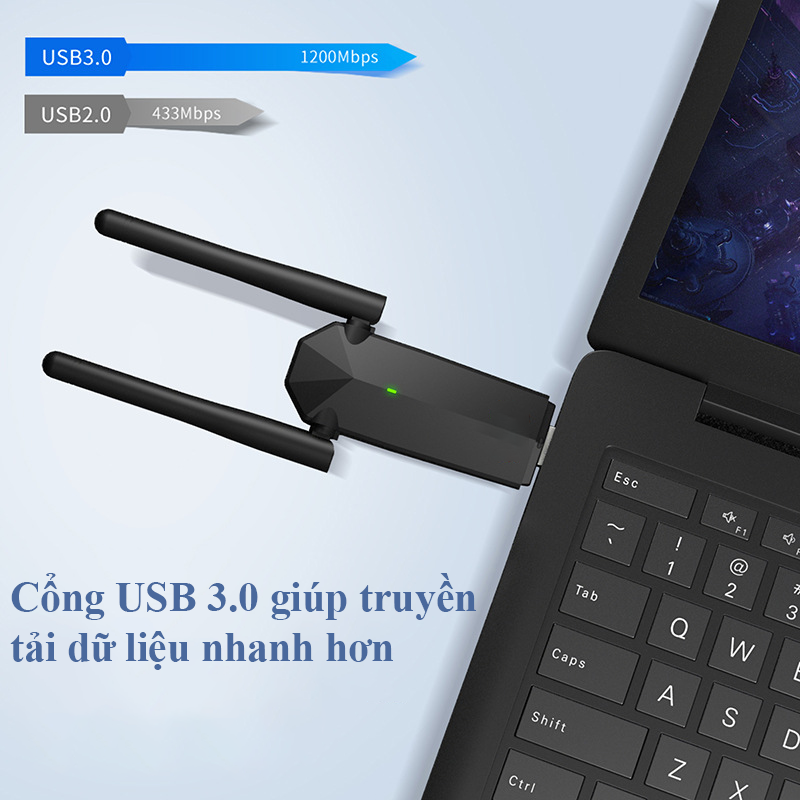 USB Wifi Cho PC 2 Râu Không Dây Băng Tần Kép 5Ghz 2.4Ghz 1300Mbps Bộ Thu Sóng Wifi Chuẩn Wifi5 Kiêm Card Wifi 802.11 AC B G N Điều Chỉnh Linh Hoạt 360 Độ Cổng USB 3.0 Tiện Lợi