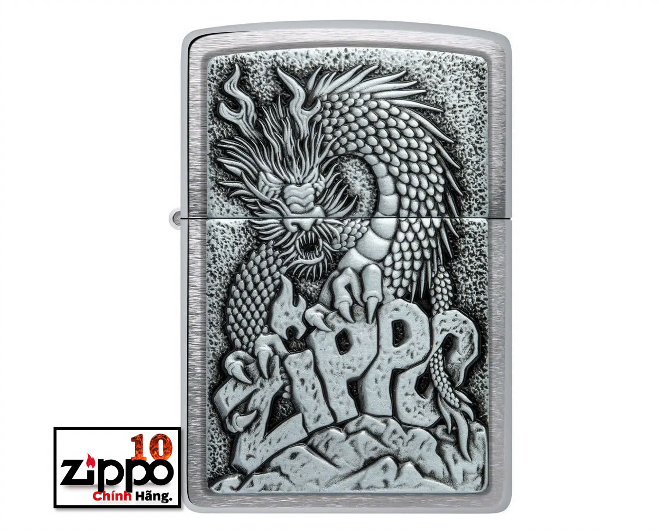 Bật lửa Zippo 48902 Zippo Dragon Emblem Design Brushed Chrome - Chính hãng 100%