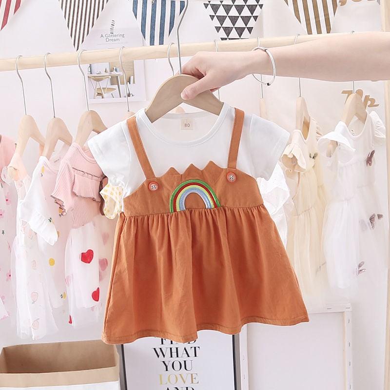 Váy Bé Gái giả Yếm Ngắn Tay Xanh Hình Mèo , Chất Cotton Thấm Hút Mồ Hôi