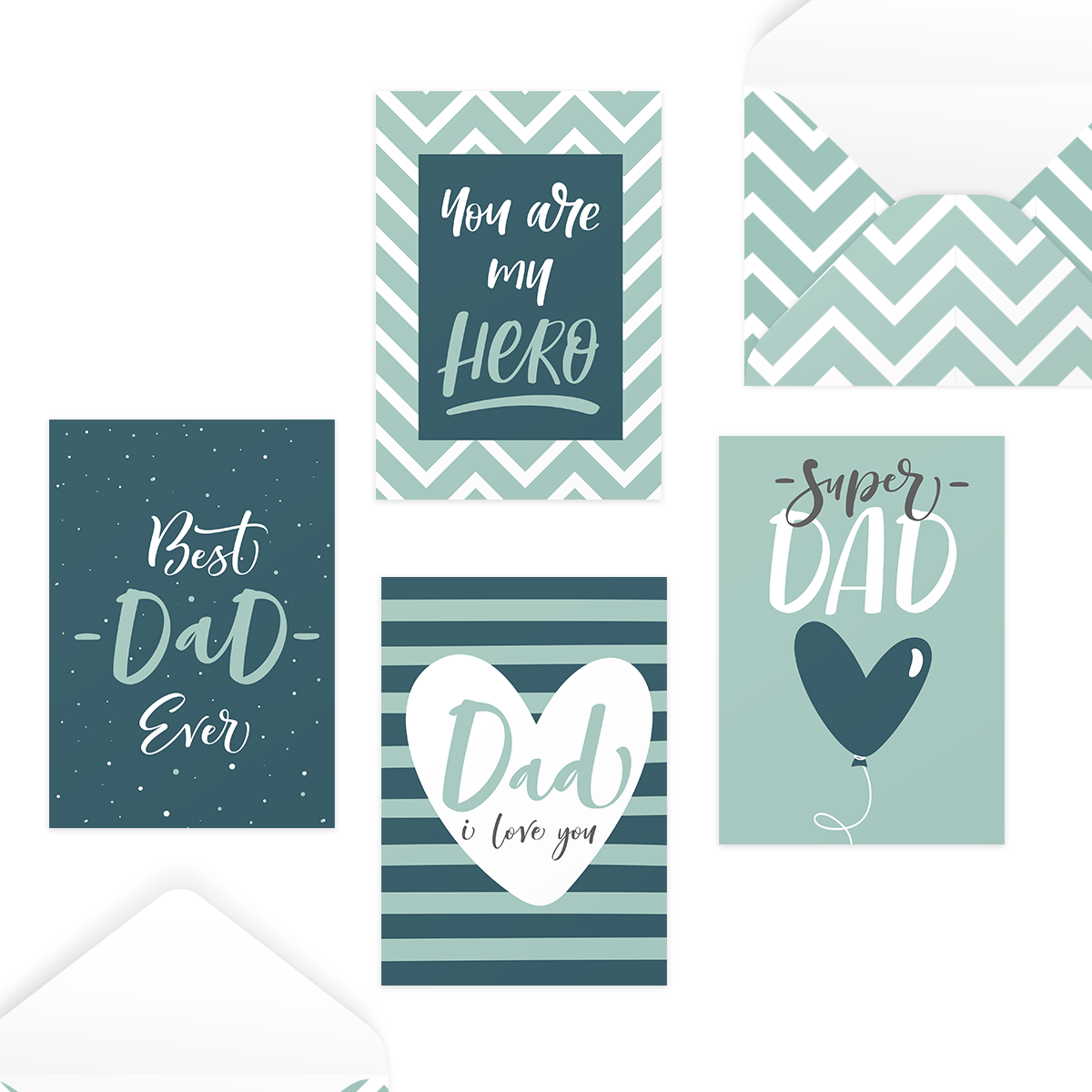 Bộ 4 thiệp 12,5x17,6 SDstationery TEAL LOVE FOR DAD pattern trái tim typography tặng bố ngày của cha father’s day,Vu Lan
