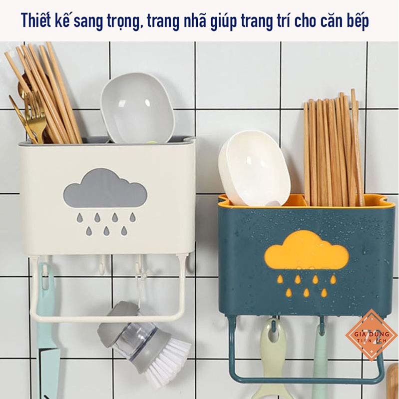 Ống đũa 2 ngăn treo tường kèm móc treo bên dưới và giá phơi khăn lau tay nhanh khô thiết kế hình đám mây độc đáo trang trí không gian bếp hiện đại SALE SẬP SÀN