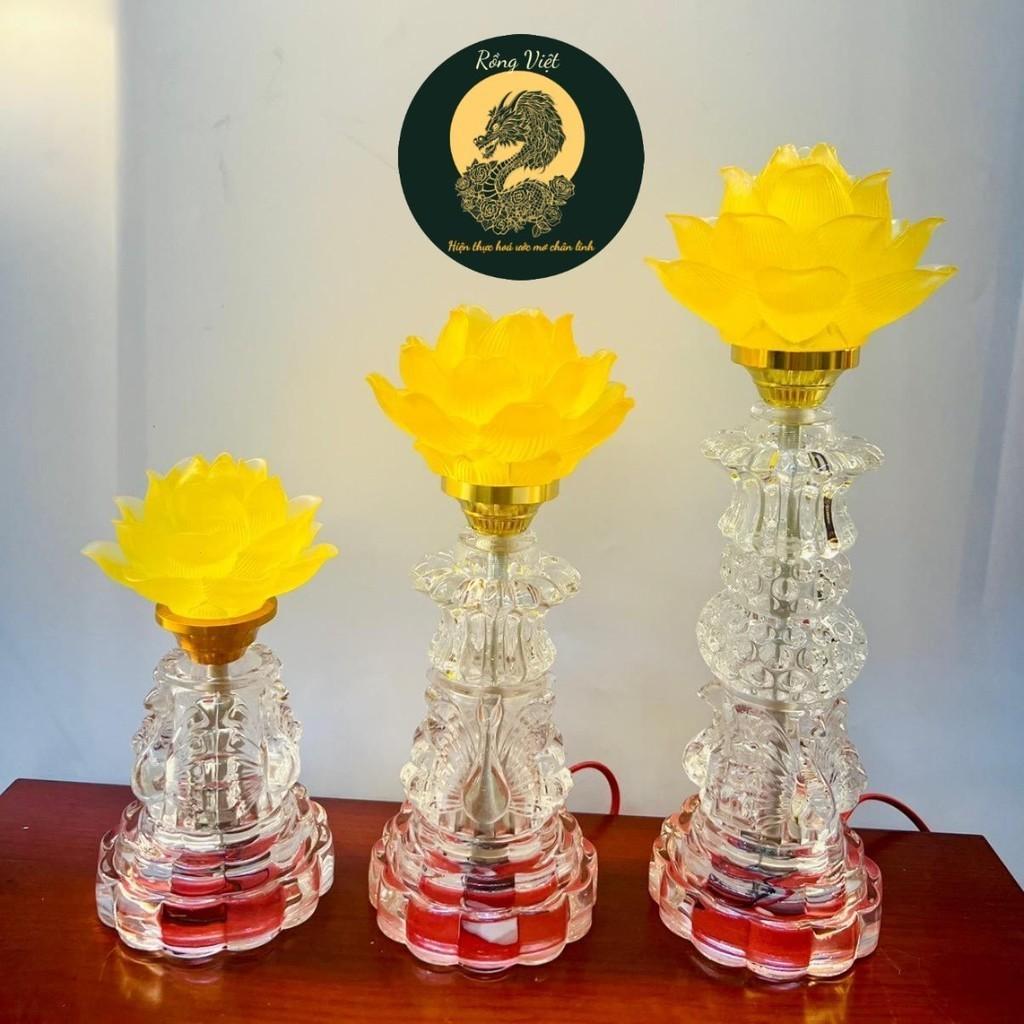 Đèn thờ hoa sen RỒNG VIỆT, Đèn thờ thân thuỷ tinh ánh sáng vàng cao cấp