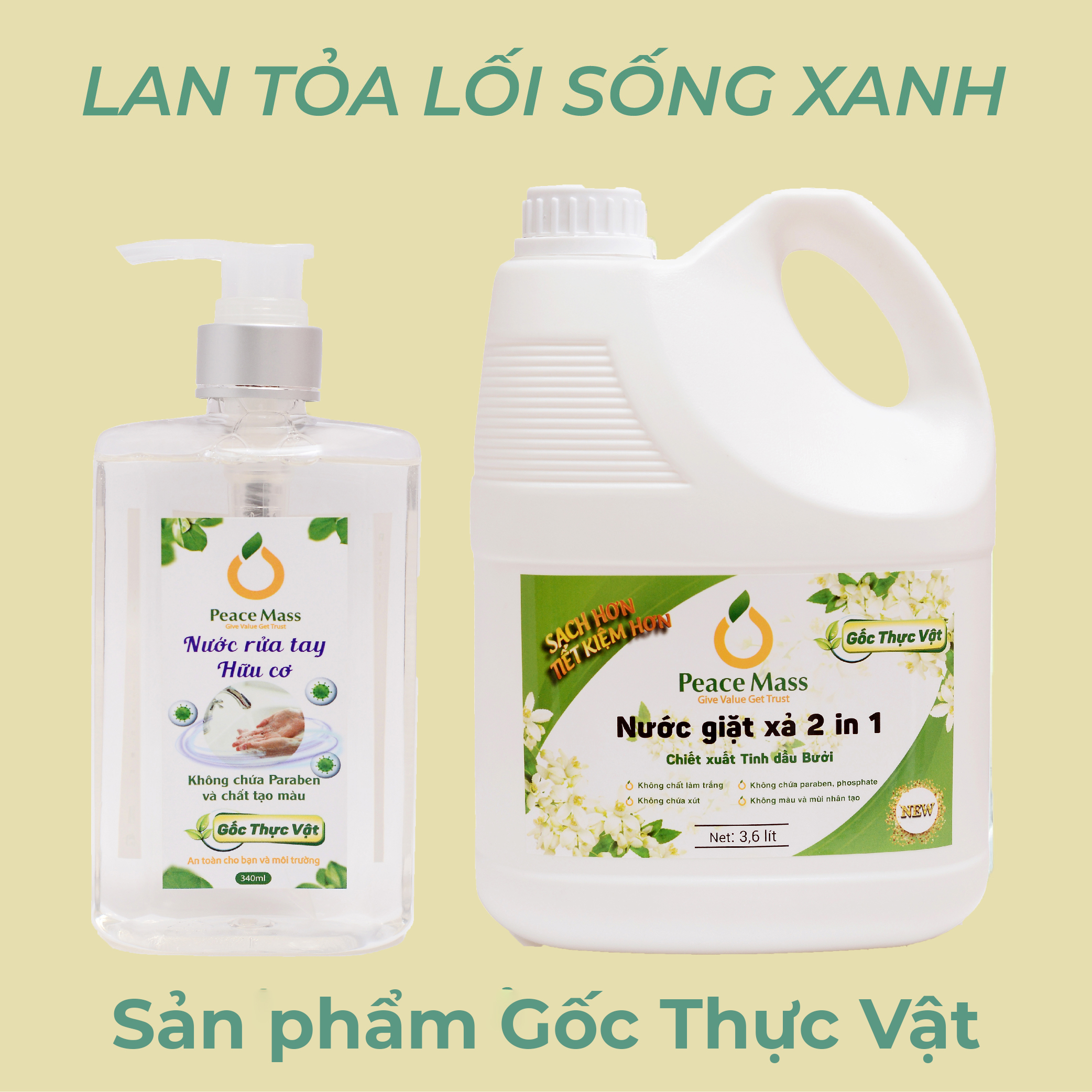 Combo Sản Phẩm Gốc Thực Vật NGB2 Peace Mass Nước Giặt Xả 2 in 1 3.6 lít + Nước Rửa Tay 340ml (Thuộc nhóm Sản phẩm Lành tính / Hữu cơ)